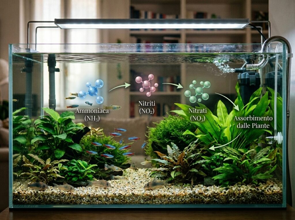ciclo dell’azoto acquario spiegazione visiva ammoniaca nitriti nitrati filtro biologico pesci piante equilibrio acquatico