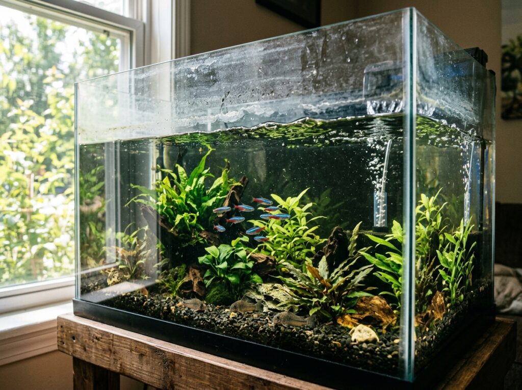 acquario domestico con acqua che evapora livello basso pesci tropicali luce estiva