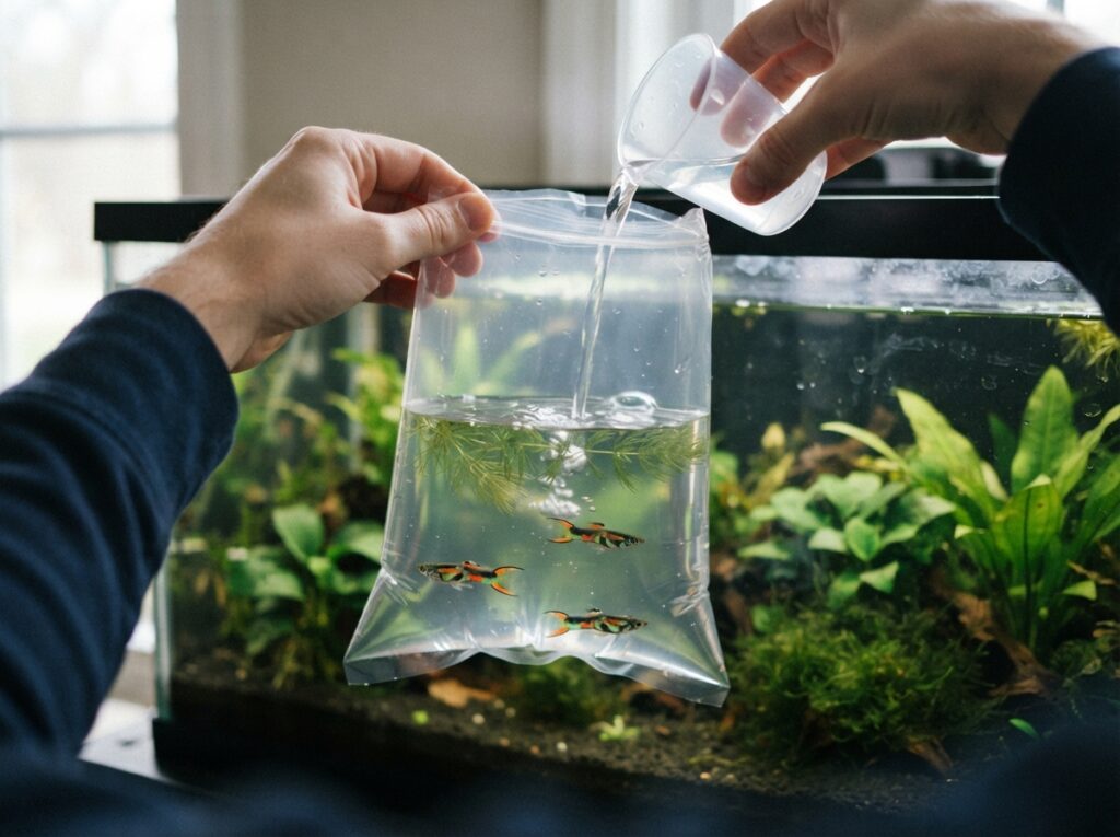 Aggiunta graduale dell'acqua dell'acquario durante l'acclimatazione dei pesci