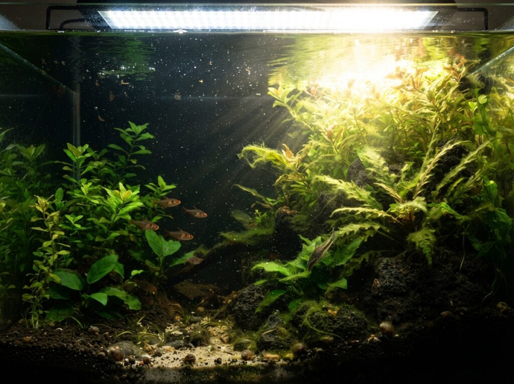 Differenza tra zona molto illuminata e zona meno illuminata in un acquario con alghe