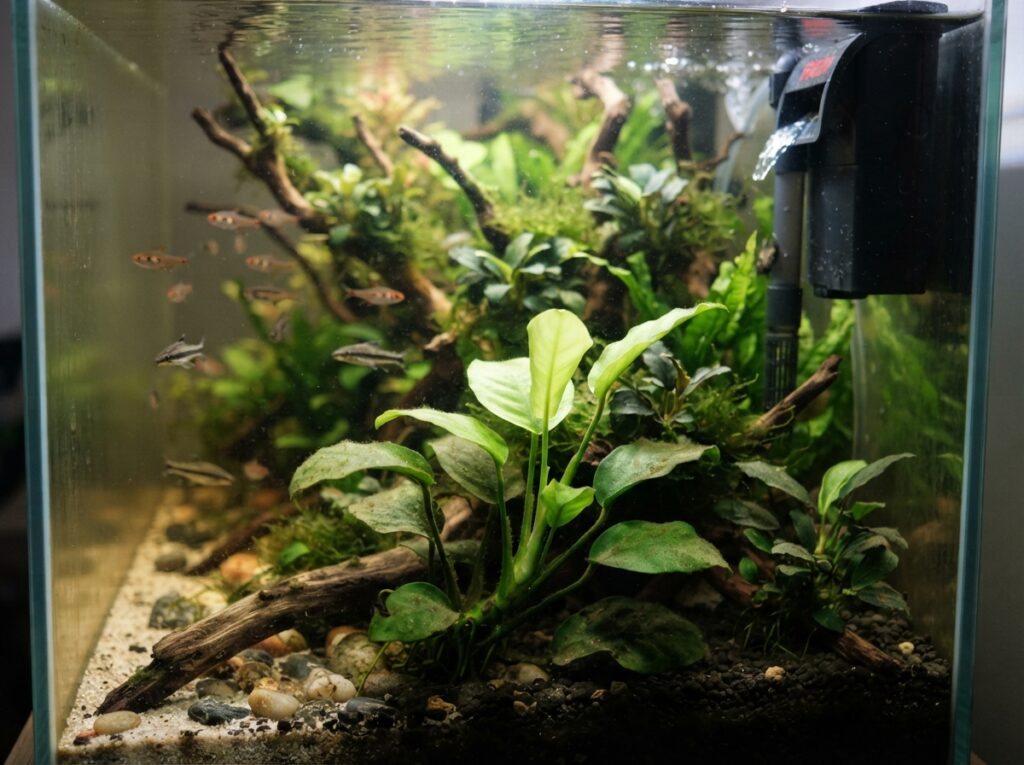 Acquario naturale maturo con ecosistema stabile e piante rigogliose
