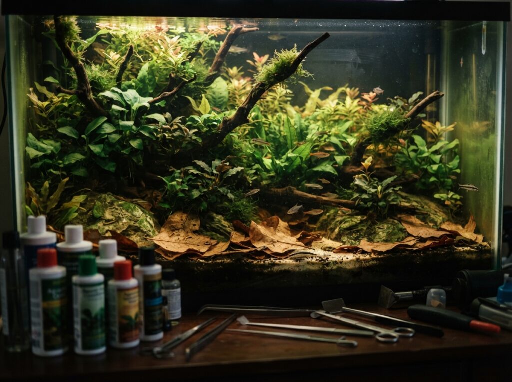 Acquario naturale stabile con numerosi prodotti di manutenzione sullo sfondo