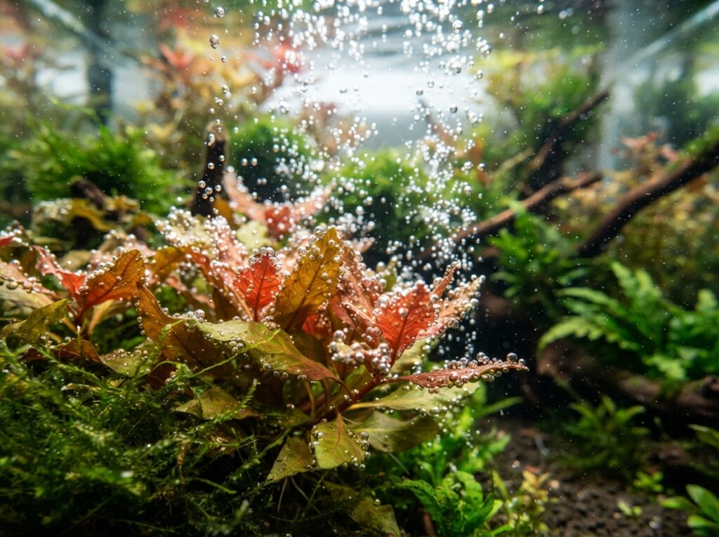 Bollicine di ossigeno sulle foglie di una pianta d'acquario durante la fotosintesi