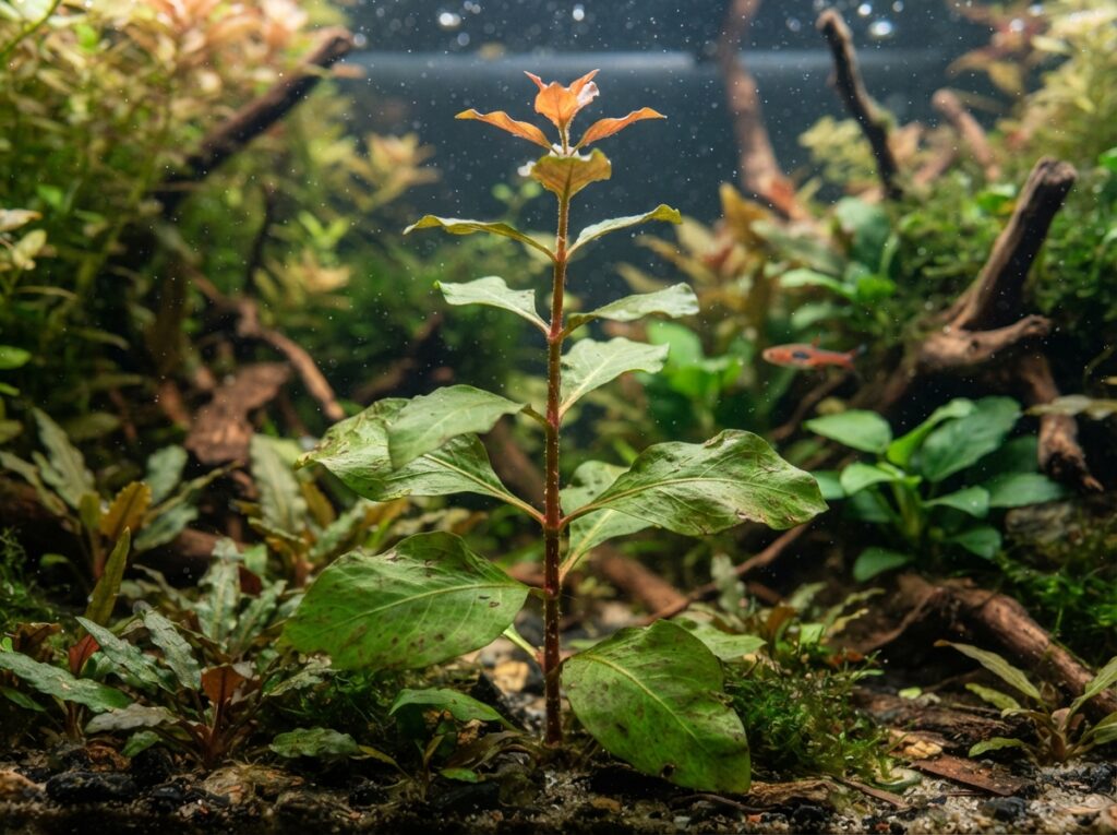 Confronto tra foglie vecchie grandi e nuove foglie piccole in una pianta acquatica