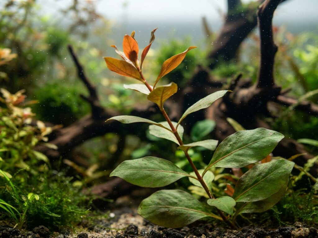 Pianta d'acquario con nuove foglie molto più piccole delle foglie vecchie