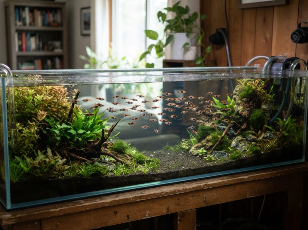 Spazio orizzontale per il nuoto dei pesci in un acquario lungo