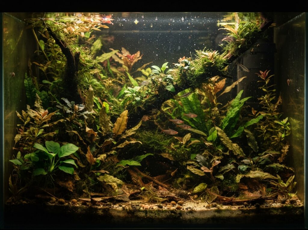 Acquario naturale maturo con ecosistema stabile e piante rigogliose