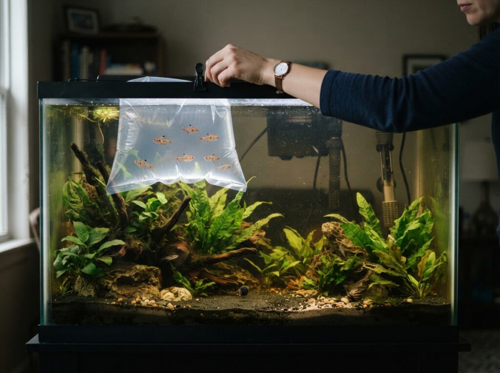 Acclimatazione di nuovi pesci nel sacchetto prima dell'inserimento nell'acquario