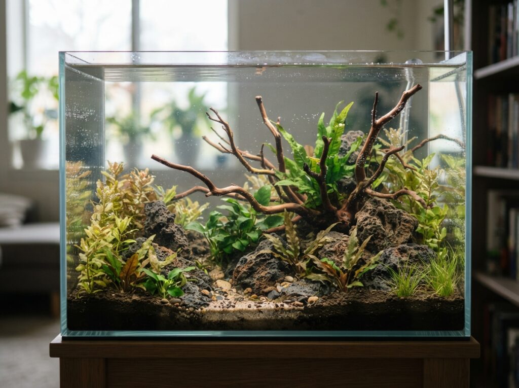 Acquario appena allestito con piante acquatiche in fase di adattamento