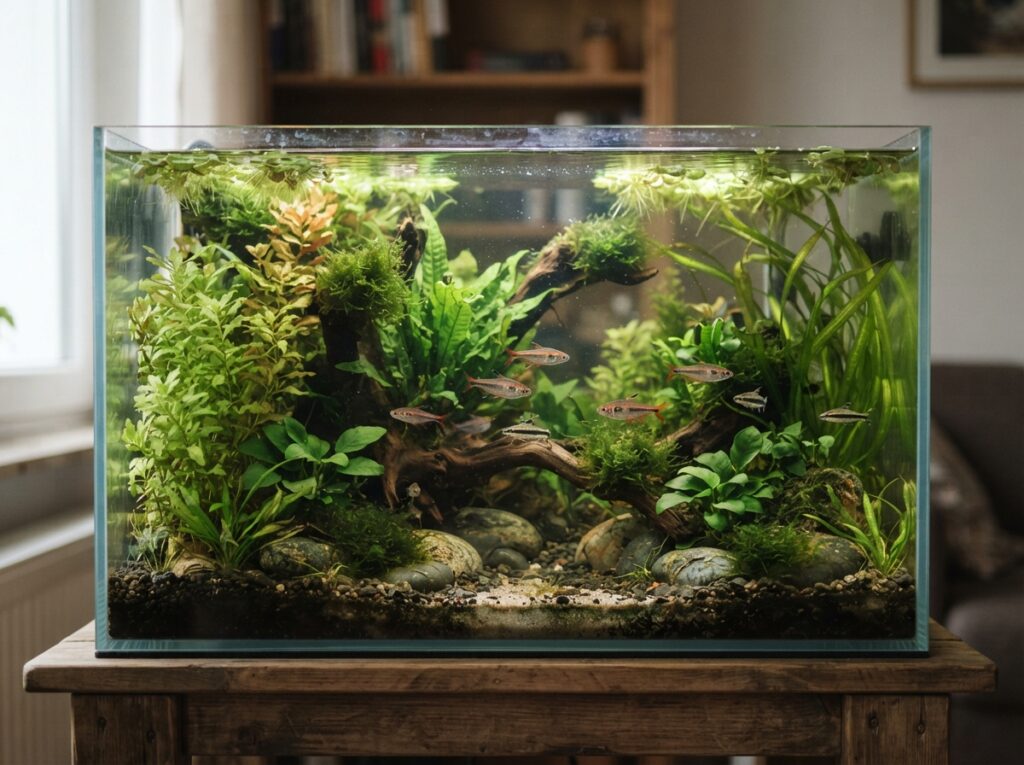 Acquario semplice e stabile con pochi pesci e molte piante