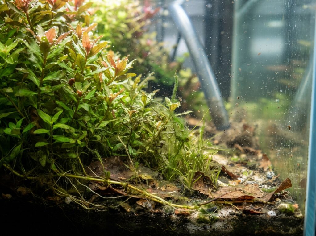 Piante e alghe in un acquario sottoposto a continui interventi