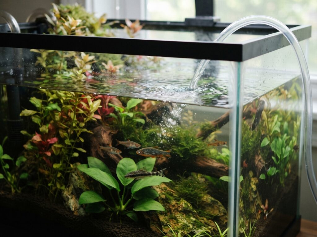 Piccolo cambio d'acqua in un acquario piantumato durante la manutenzione