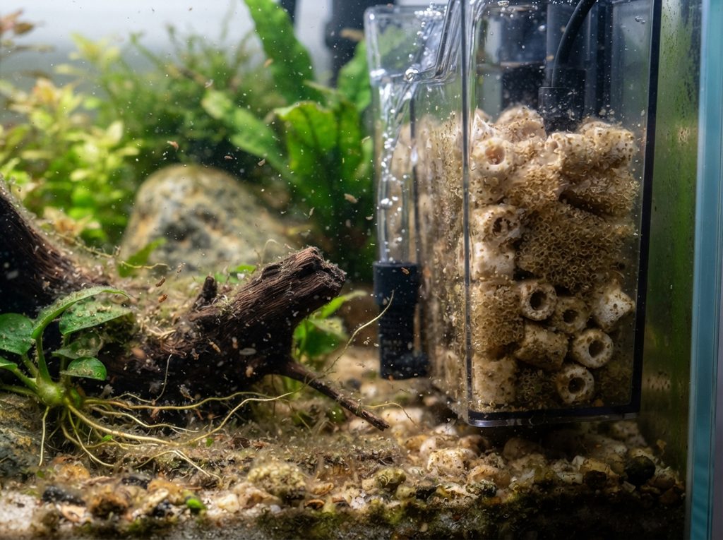 Prime alghe su una foglia in un acquario appena allestito