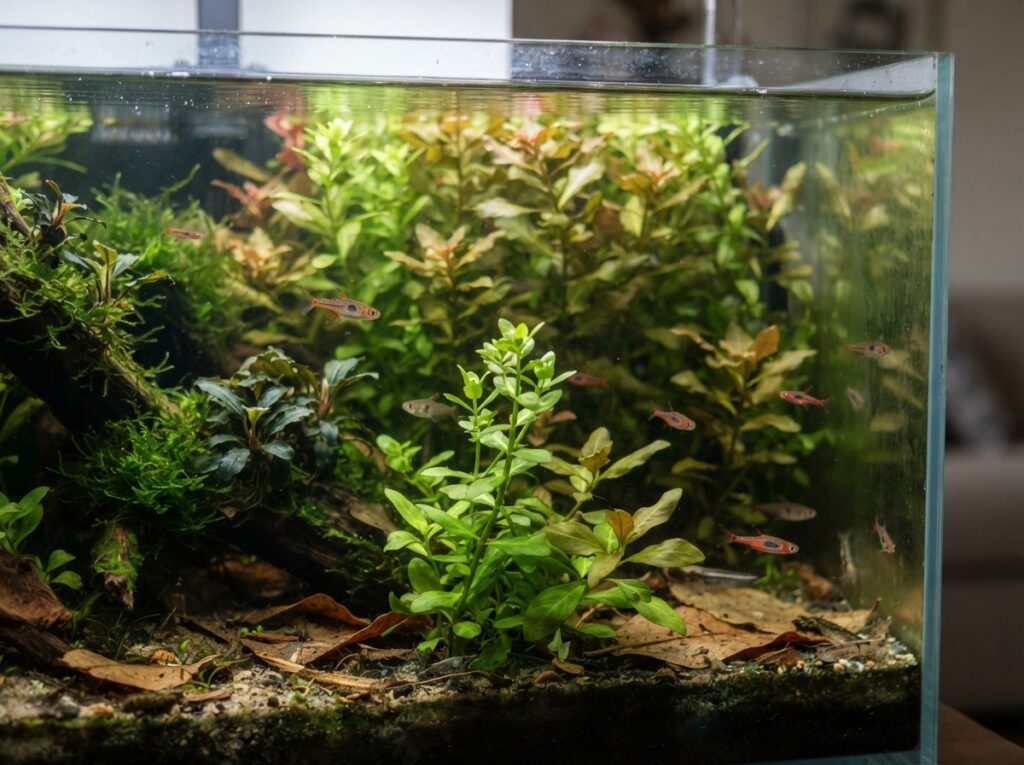 Nuove foglie piccole su diverse piante di un acquario naturale